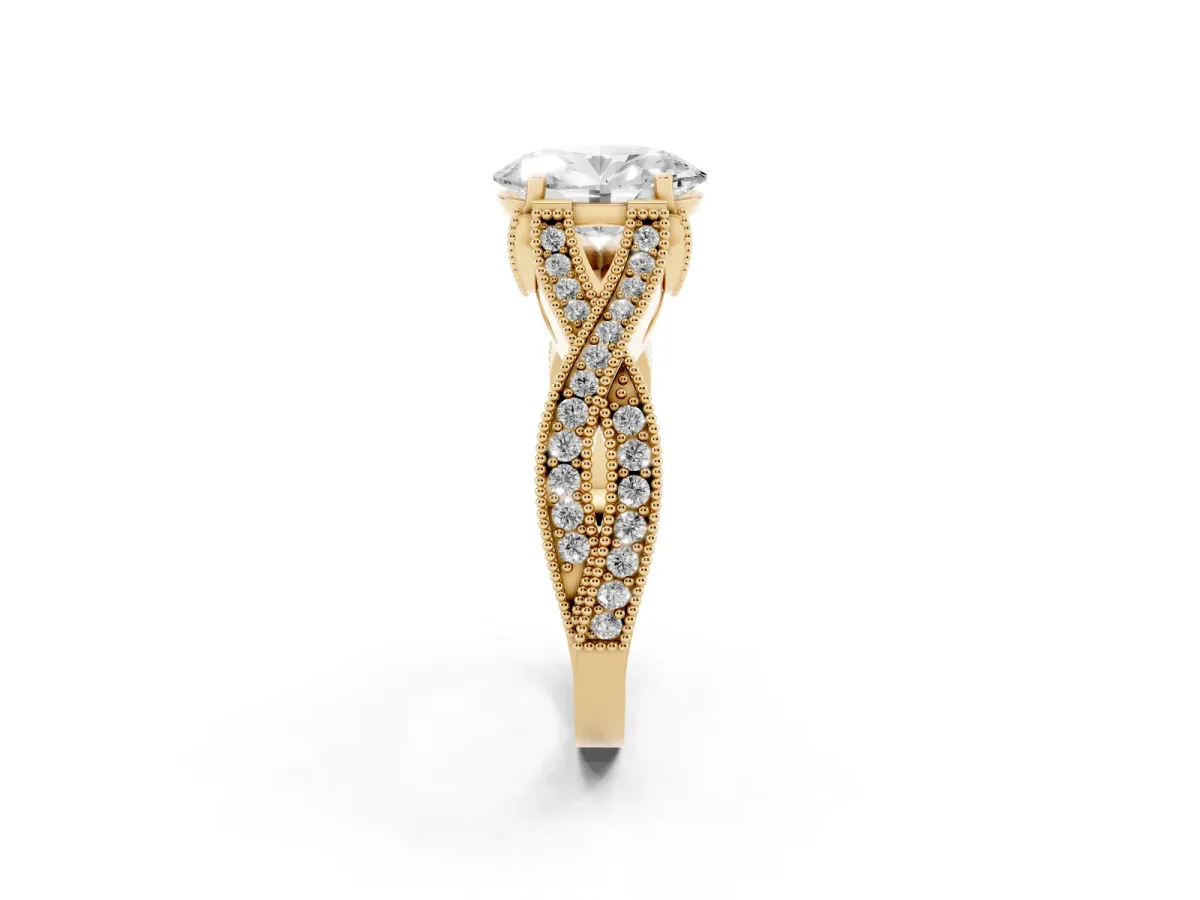 Oval Cut Cut Diamond Twisted Band with Milgrain Pave Setting and Four-Prong Setting Yellow gold
