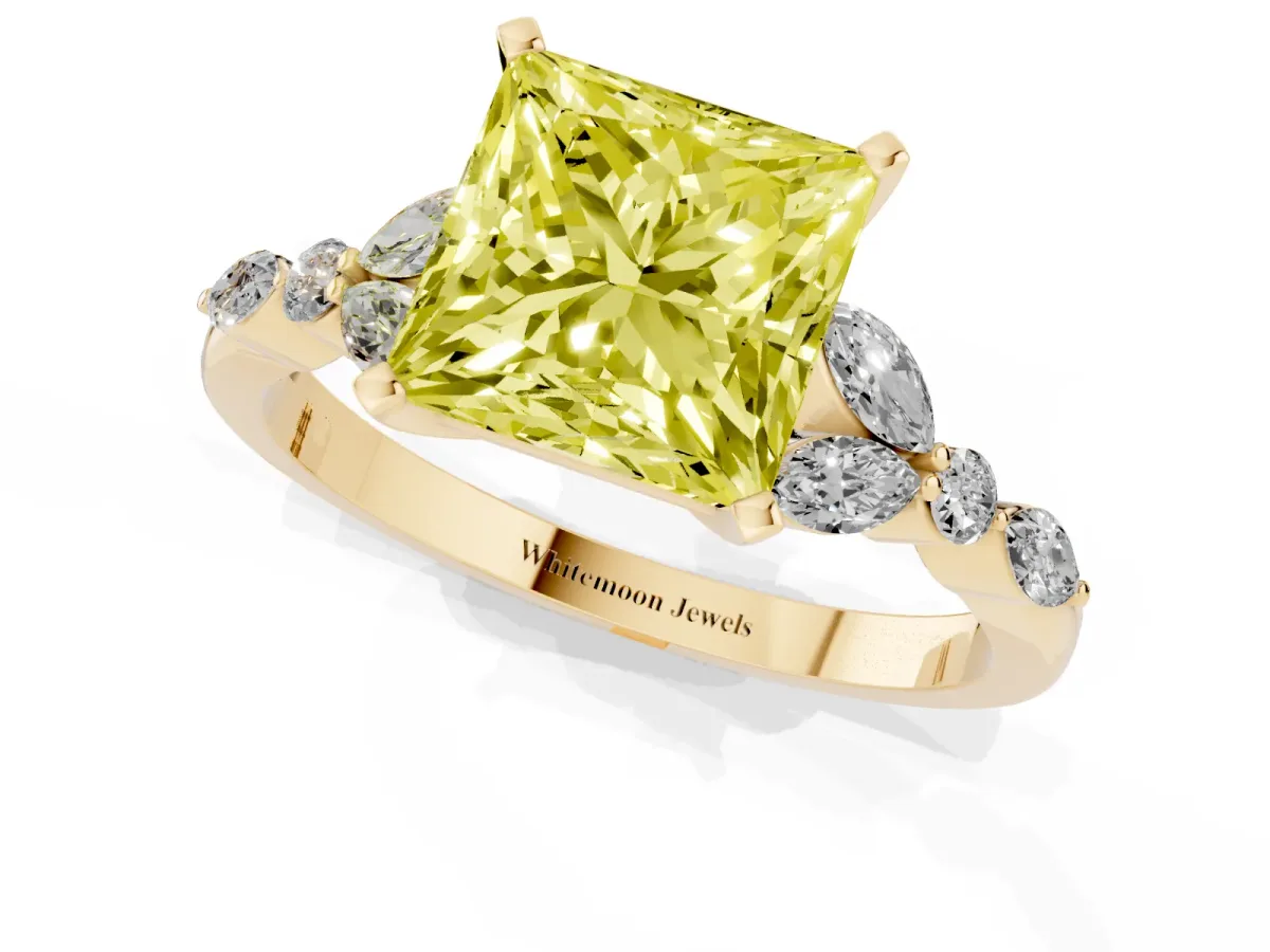Fancy Yellow Princess Cut Diamond Solitaire Ring with Side Stones and Four-Prong Setting Yellow gold