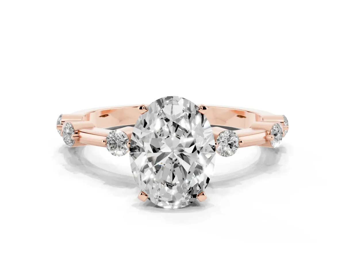 Oval Cut Solitaire Diamond Ring with Bezel Set Side Stones and Prong Setting Rose gold