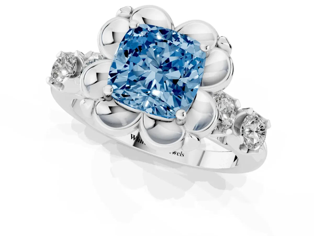 Fancy Blue Cushion Cut Cut Diamond Floral Halo Engagement Ring with Shared Prong Setting Silver