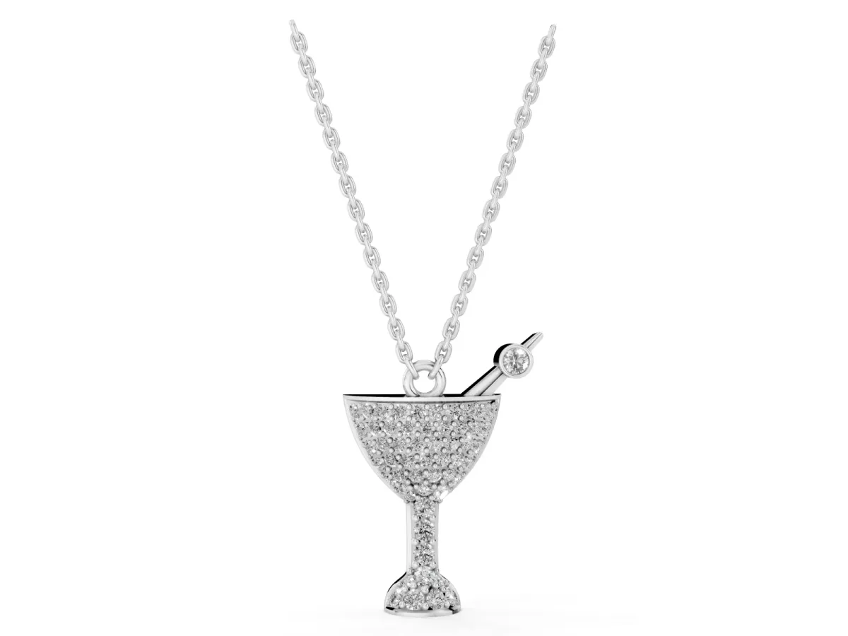 Pavé Round Diamond Martini Glass Pendant with Bezel Prong Setting Silver