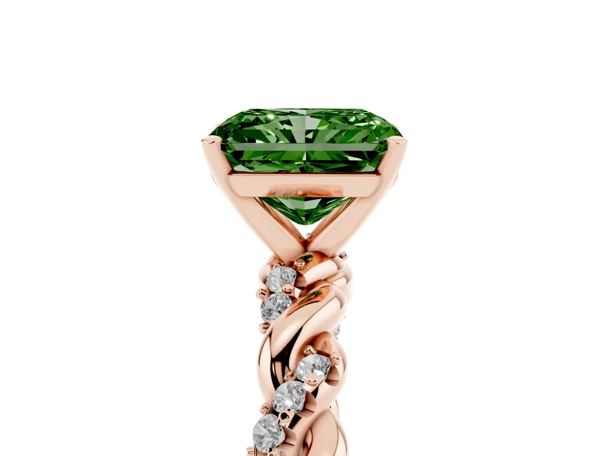 Fancy Green Radiant Cut Diamond Solitaire Ring with Twisted Band and Pavé Accents Rose gold