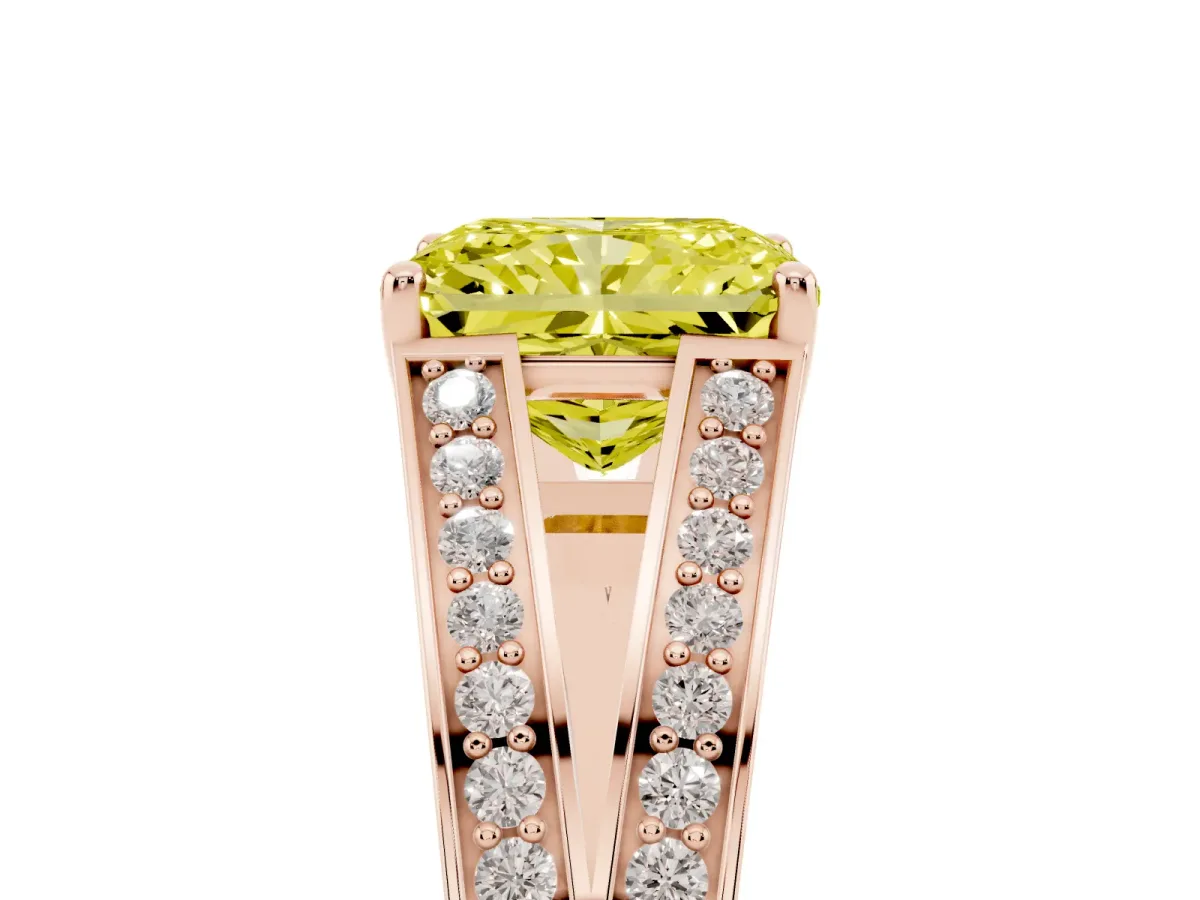 Fancy Yellow Radiant Cut Diamond Split Shank Ring with Pavé Band and Four-Prong Setting Rose gold