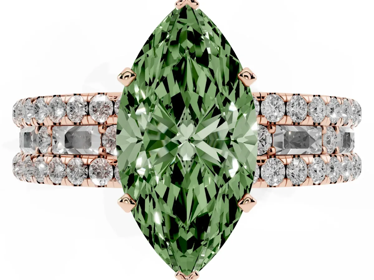 Fancy Green Marquise Cut Diamond Solitaire Ring with Pavé and Channel Set Band Rose gold
