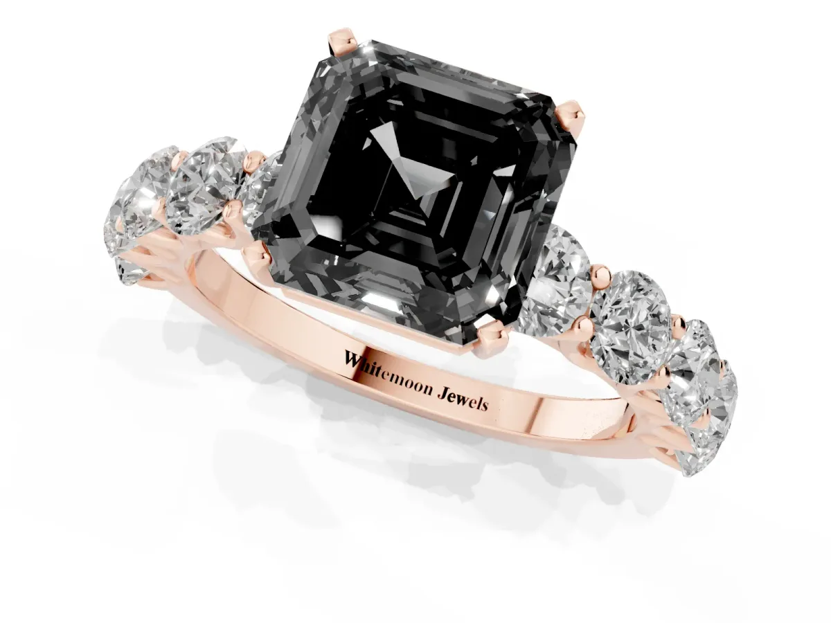 Fancy Black Asscher Cut Diamond Prong Setting with Side Stones on a Pave Band Rose gold