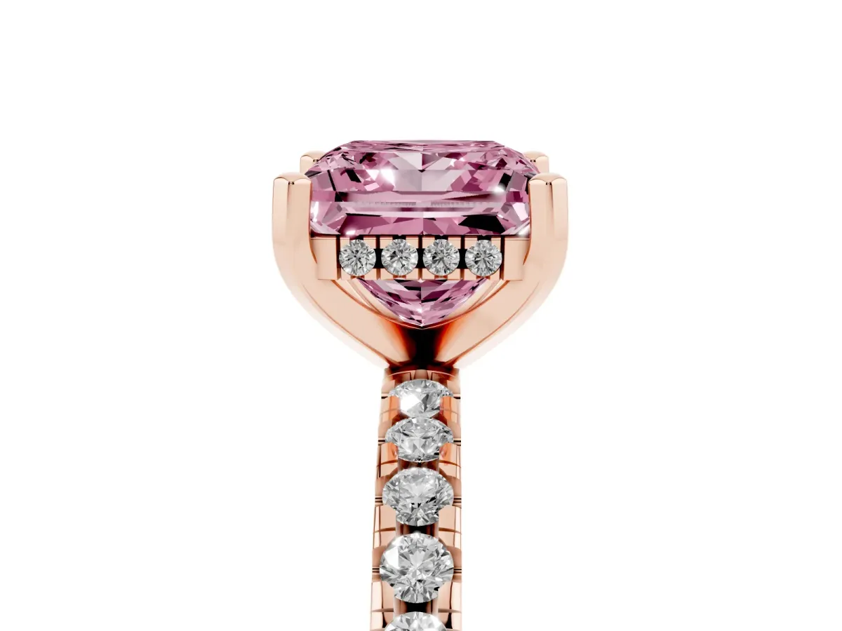 Fancy Pink Princess Cut Diamond Solitaire Ring with Round Pavé Band and Four-Prong Setting Rose gold
