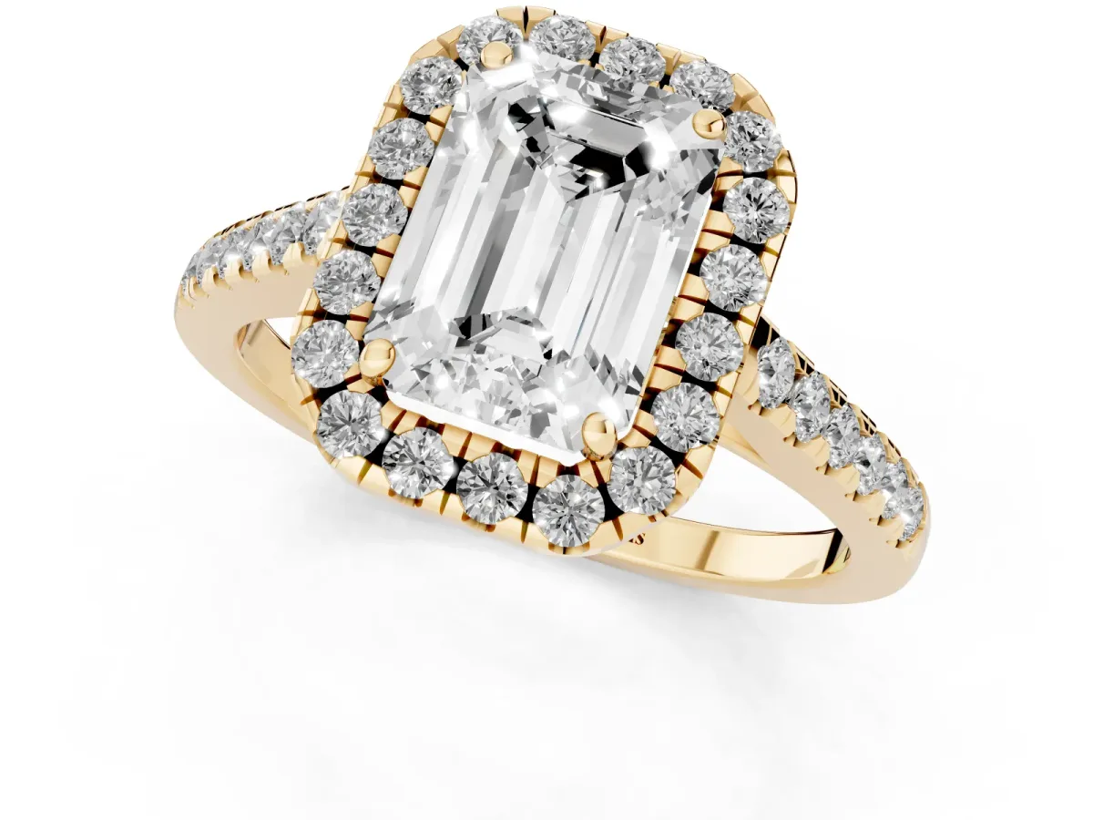 Emerald Cut Halo Pave Diamond Engagement Ring with Four-Prong Setting Yellow gold