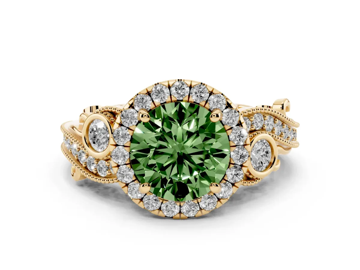 Fancy Green Round Cut Halo Diamond Ring with Milgrain and Bezel Accents on a Split Shank Band Yellow gold