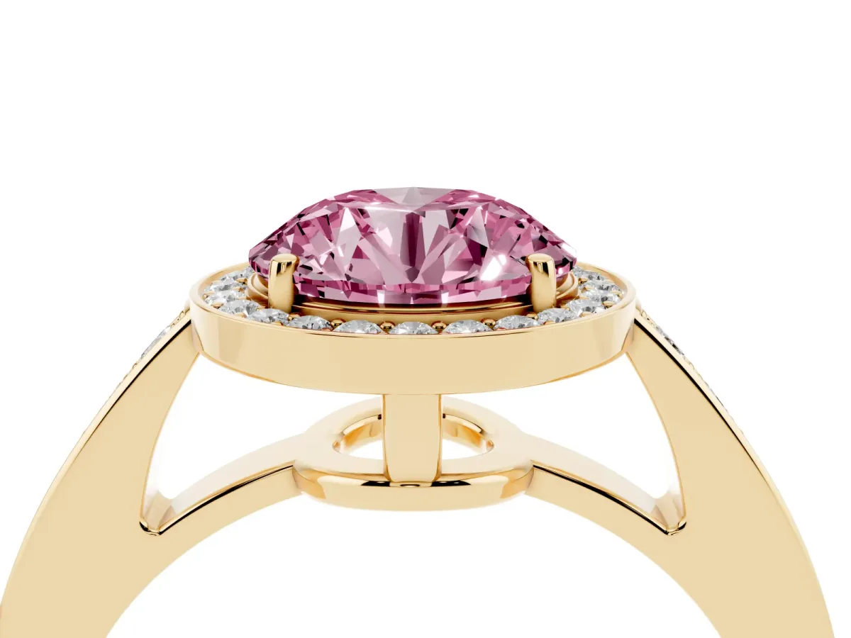 Fancy Pink Round Cut Halo Pavé Diamond Engagement Ring with Bezel Setting Yellow gold