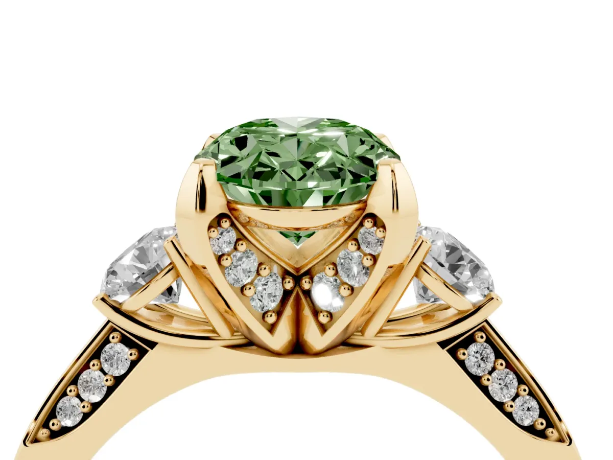 Fancy Green Oval Cut Brilliant Three-Stone Diamond Ring with Pavé Band and Four-Prong Setting Yellow gold