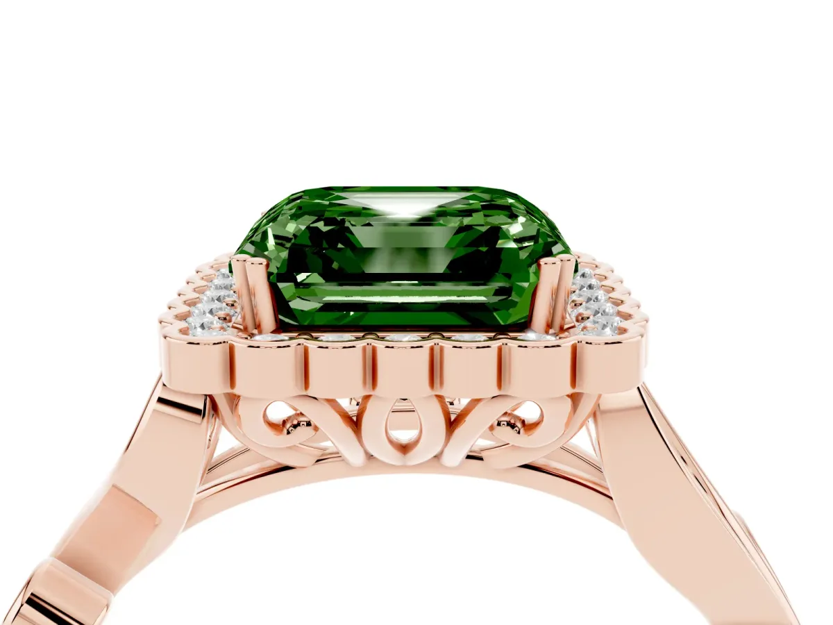 Fancy Green Asscher Cut Diamond Halo Ring with Vintage Split Shank and Four-Prong Setting Rose gold