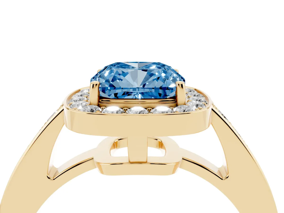 Fancy Blue Cushion Cut Halo Pavé Diamond Engagement Ring with Bezel Setting Yellow gold