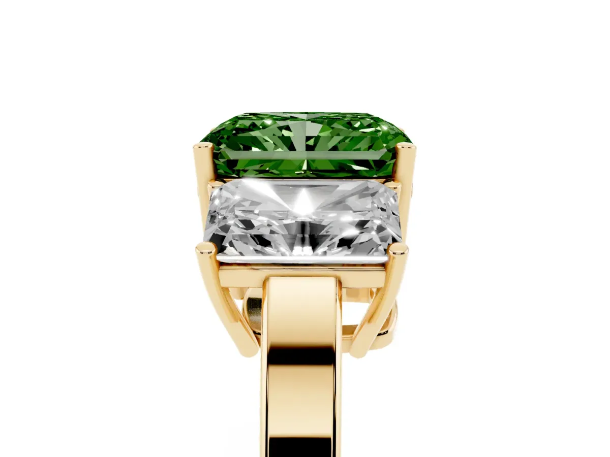 Fancy Green Three-Stone Radiant Cut Cut Diamond Engagement Ring with Flat Band and Four-Prong Setting Yellow gold