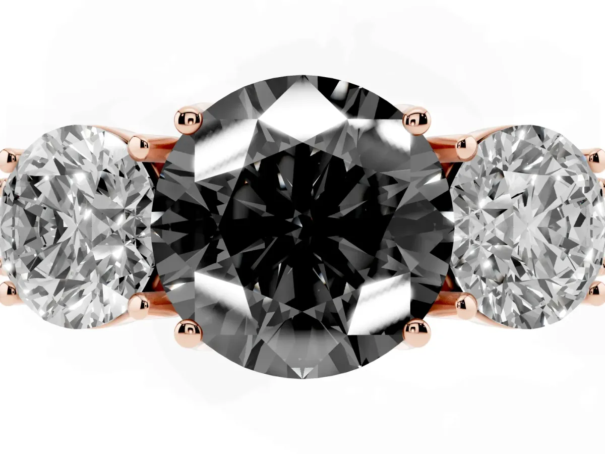 Fancy Black Three-Stone Round Cut Cut Milgrain Pavé Engagement Ring Rose gold
