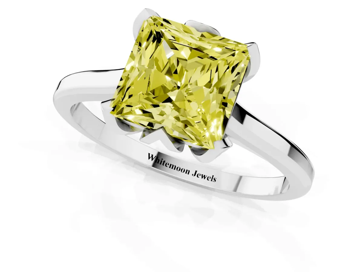 Fancy Yellow Princess Cut Diamond Solitaire Ring with Flower Prong Setting and Classic Band Silver
