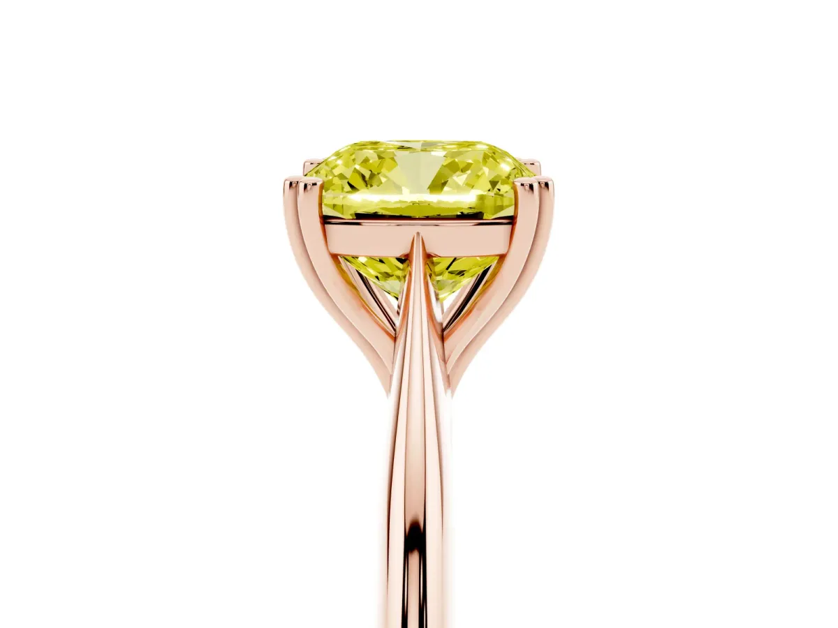 Fancy Yellow Cushion Cut Solitaire Diamond Ring with Six-Prong Setting and Classic Band Rose gold