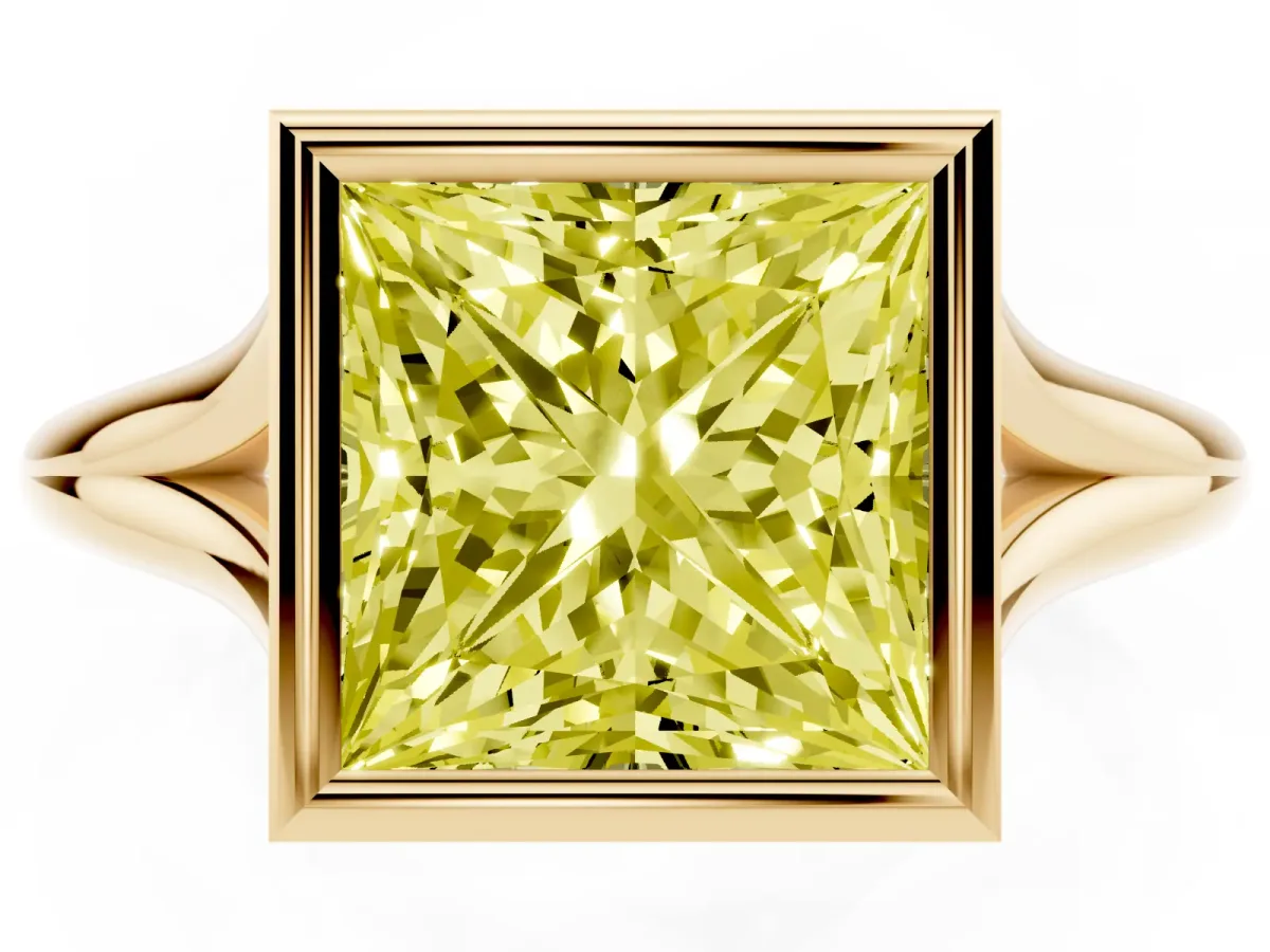 Fancy Yellow Bezel Set Princess Cut Cut Solitaire Ring with Tapered Band Yellow gold