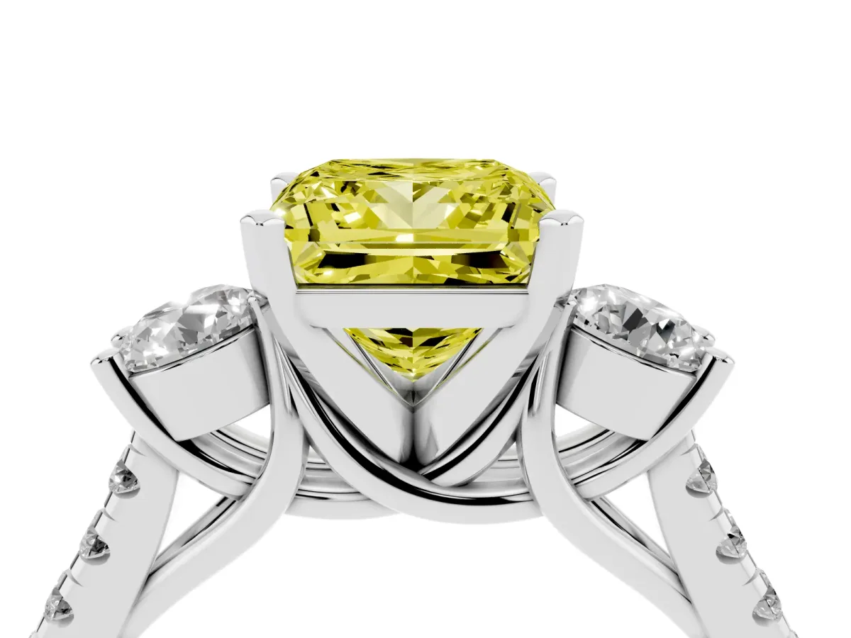 Fancy Yellow Three-Stone Princess Cut Diamond Pavé Band with Four-Prong Setting Silver