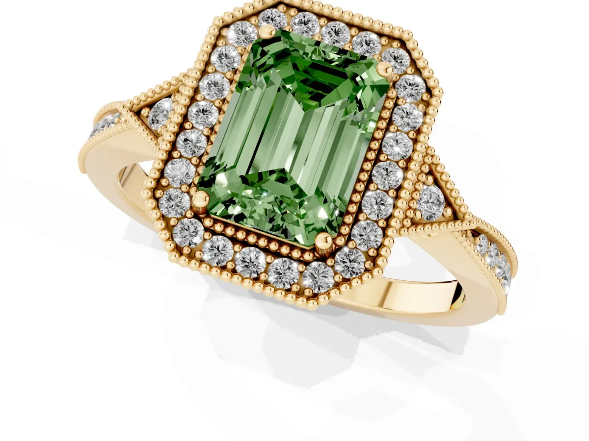 Fancy Green Emerald Cut Halo Round Diamond Milgrain Pave Engagement Ring Yellow gold