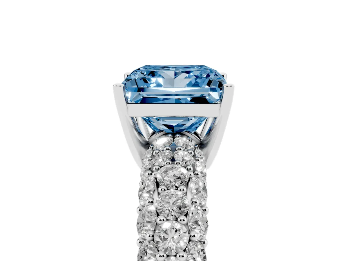 Fancy Blue Princess Cut Diamond Pavé Band Solitaire Ring with Four-Prong Setting Silver