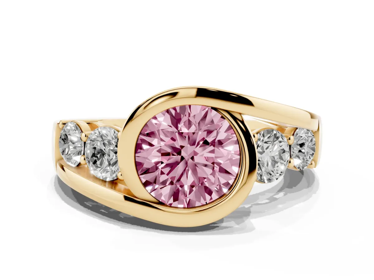 Fancy Pink Bezel Set Round Cut Diamond Bypass Ring with Round Accents Yellow gold