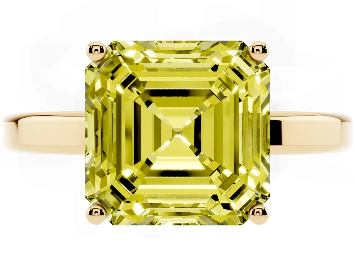 Fancy Yellow Asscher Cut Cut Solitaire Engagement Ring with Four-Prong Setting on a Classic Band Yellow gold