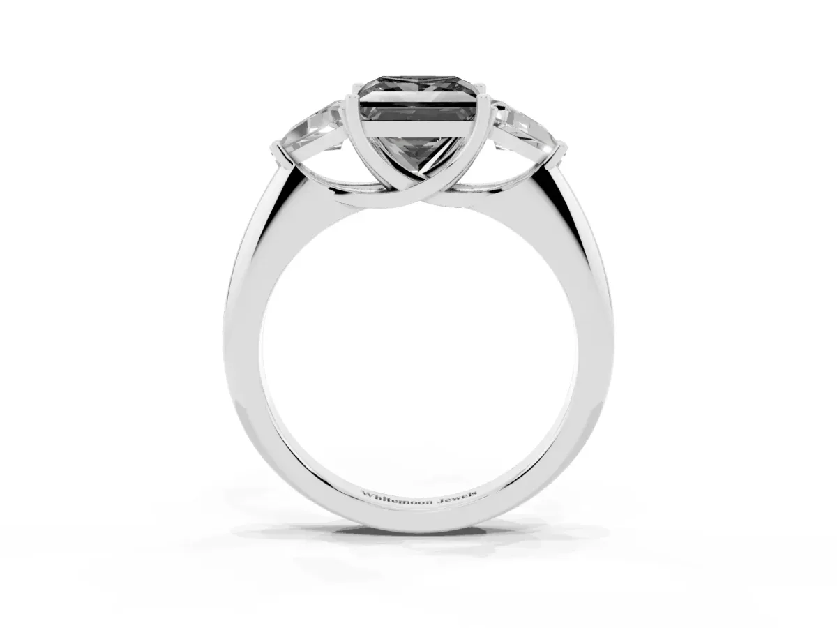 Fancy Black Three-Stone Princess Cut Diamond Engagement Ring with Trillion Side Stones and Prong Setting Silver