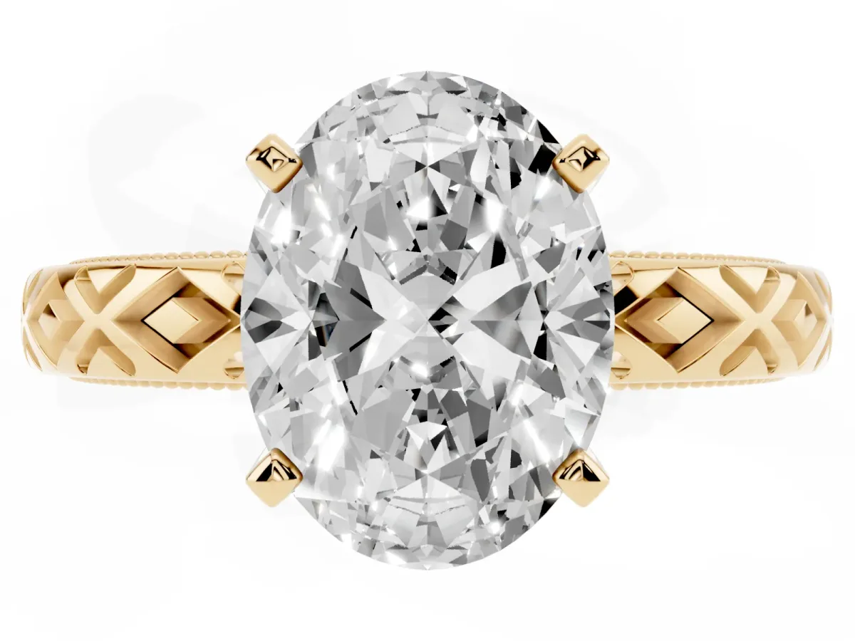 Oval Cut Solitaire Diamond Ring with Milgrain and Black Enamel X Pattern Band Yellow gold