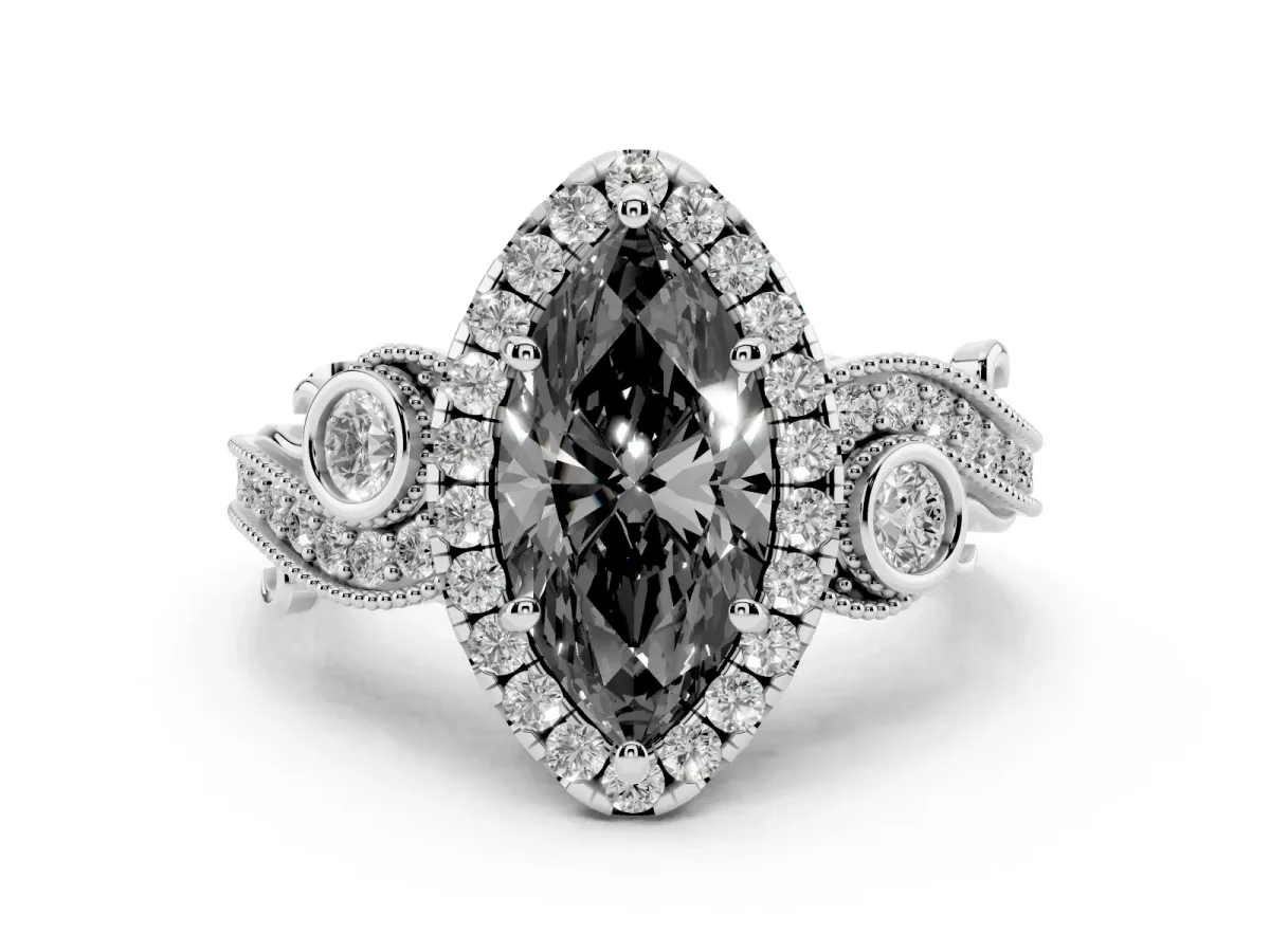 Fancy Black Marquise Cut Halo Diamond Ring with Milgrain and Bezel Accents on a Split Shank Band Platinum