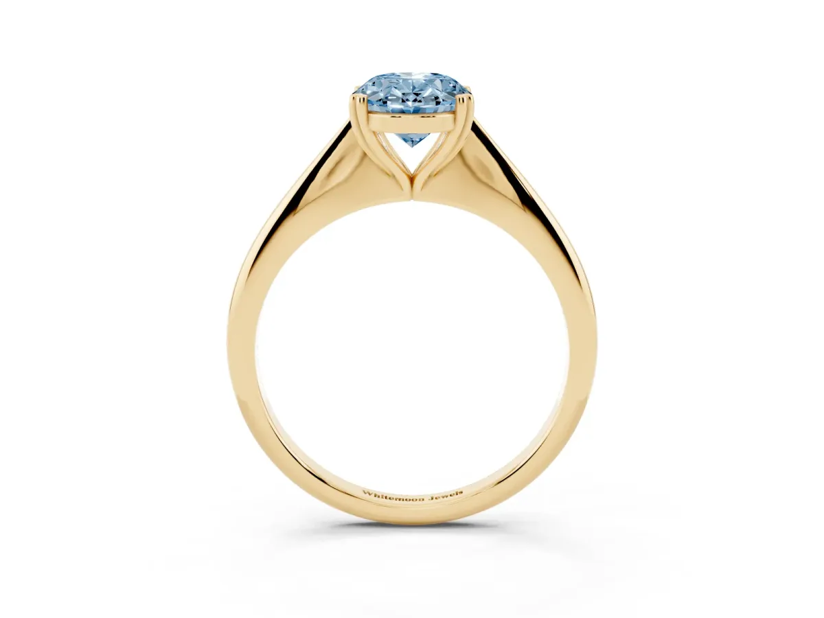 Fancy Blue Oval Cut Solitaire Diamond Ring with Six-Prong Setting and Classic Band Yellow gold