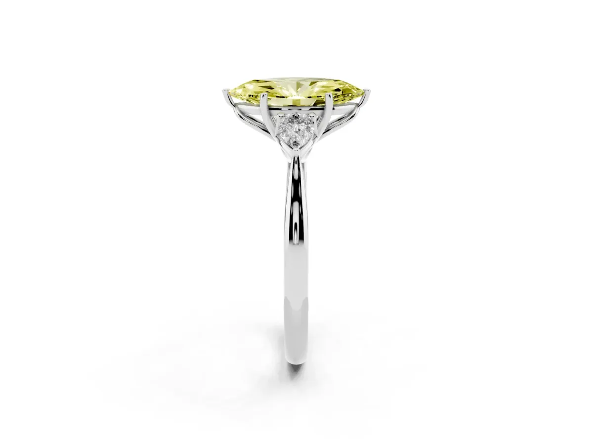 Fancy Yellow Three-Stone Marquise Cut Diamond Ring with Pear Side Stones in Four-Prong Setting Silver