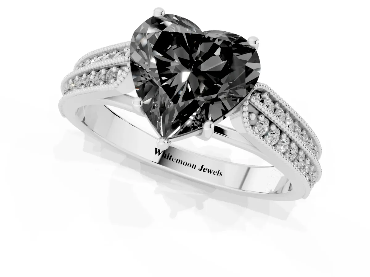 Fancy Black Heart Cut Cut Pave Split Shank Engagement Ring with Four-Prong Setting White gold