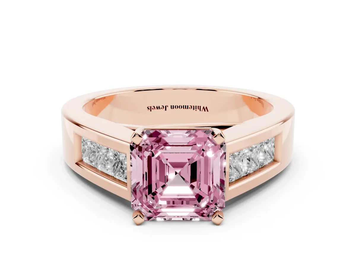 Fancy Pink Asscher Cut Cut Channel Set Solitaire Ring with Four-Prong Setting Rose gold
