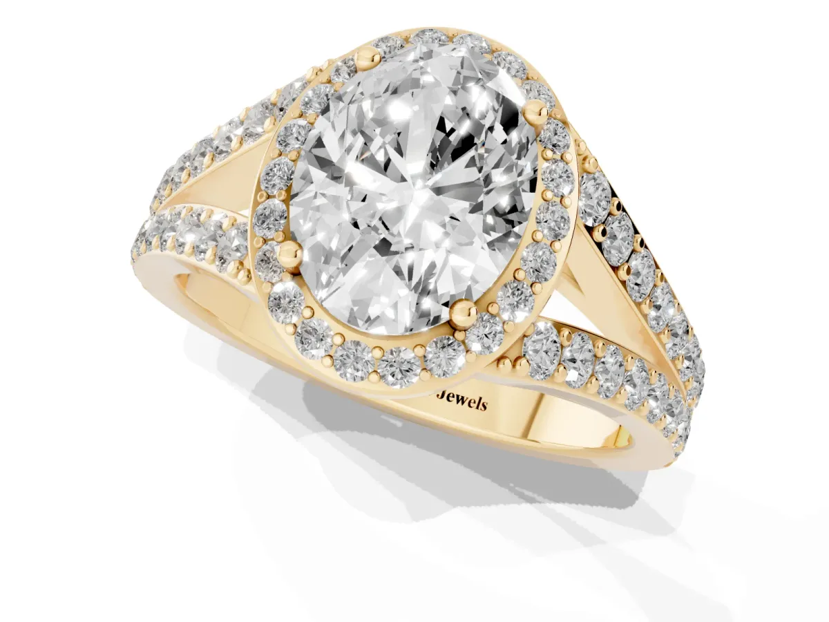 Oval Cut Diamond Split Shank Halo Ring with Four-Prong Setting Yellow gold