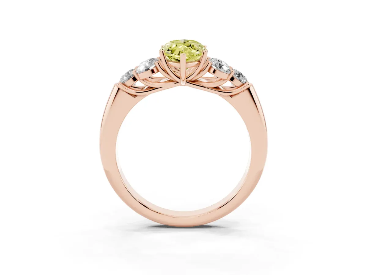Fancy Yellow Marquise Cut Cut Diamond Cluster Ring with Round Accent Stones and Prong Setting on a Classic Band Rose gold