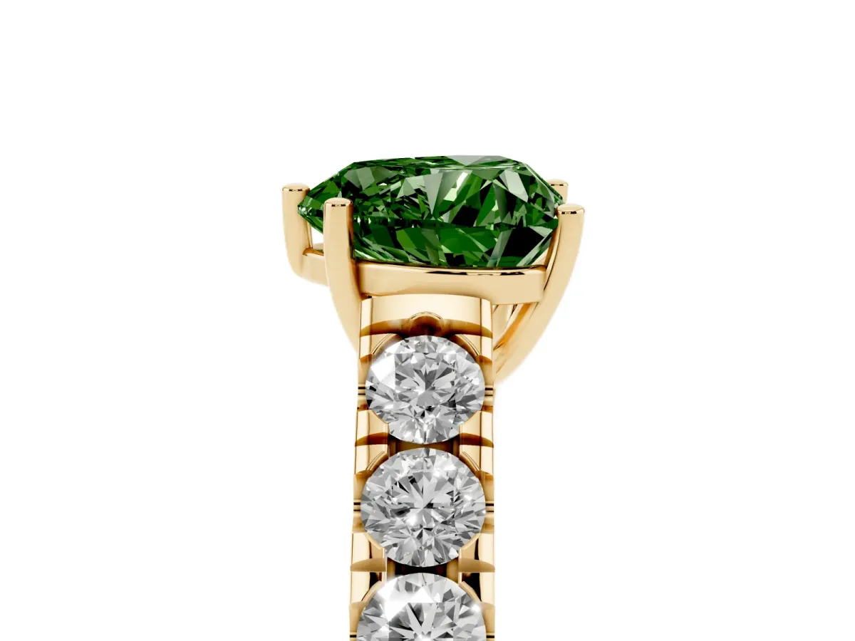 Fancy Green Heart Cut Cut Diamond Solitaire Ring with Micro Pave Band and Prong Setting Yellow gold
