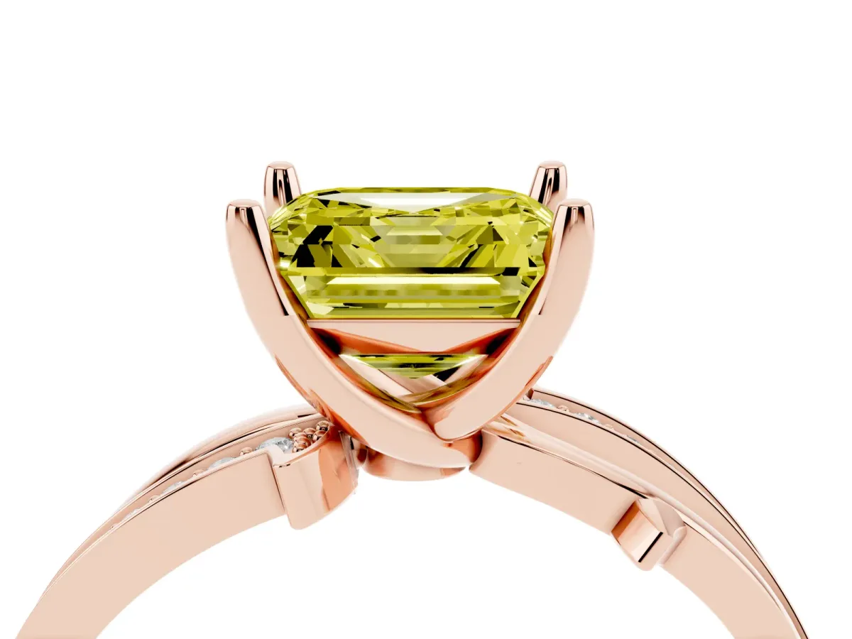 Fancy Yellow Asscher Cut Solitaire Twist Band with Pavé Accents and Four-Prong Setting Rose gold
