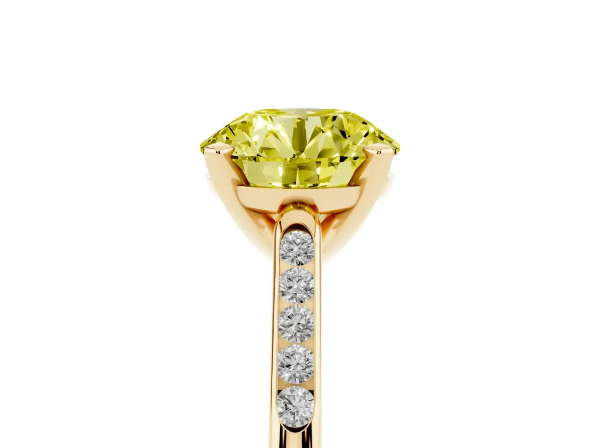 Fancy Yellow Round Cut Diamond Solitaire Ring with Channel Set Round Band and Prong Setting Yellow gold