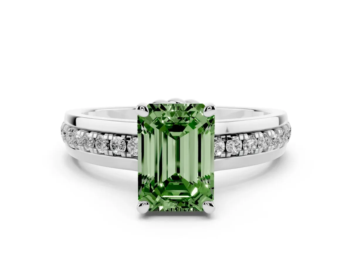 Fancy Green Emerald Cut Solitaire Diamond Ring with Channel Set Band and Six-Prong Setting Silver