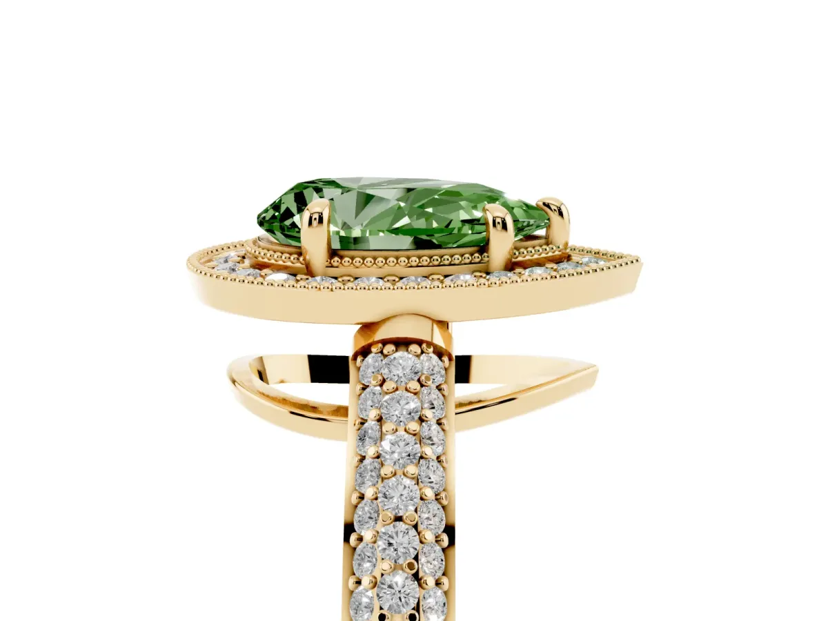 Fancy Green Pear Cut Cut Halo Diamond Pave Band with Four-Prong Setting Yellow gold
