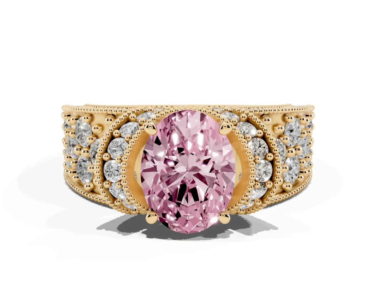 Fancy Pink Oval Cut Halo Pave Diamond Engagement Ring with Milgrain Detailing Yellow gold