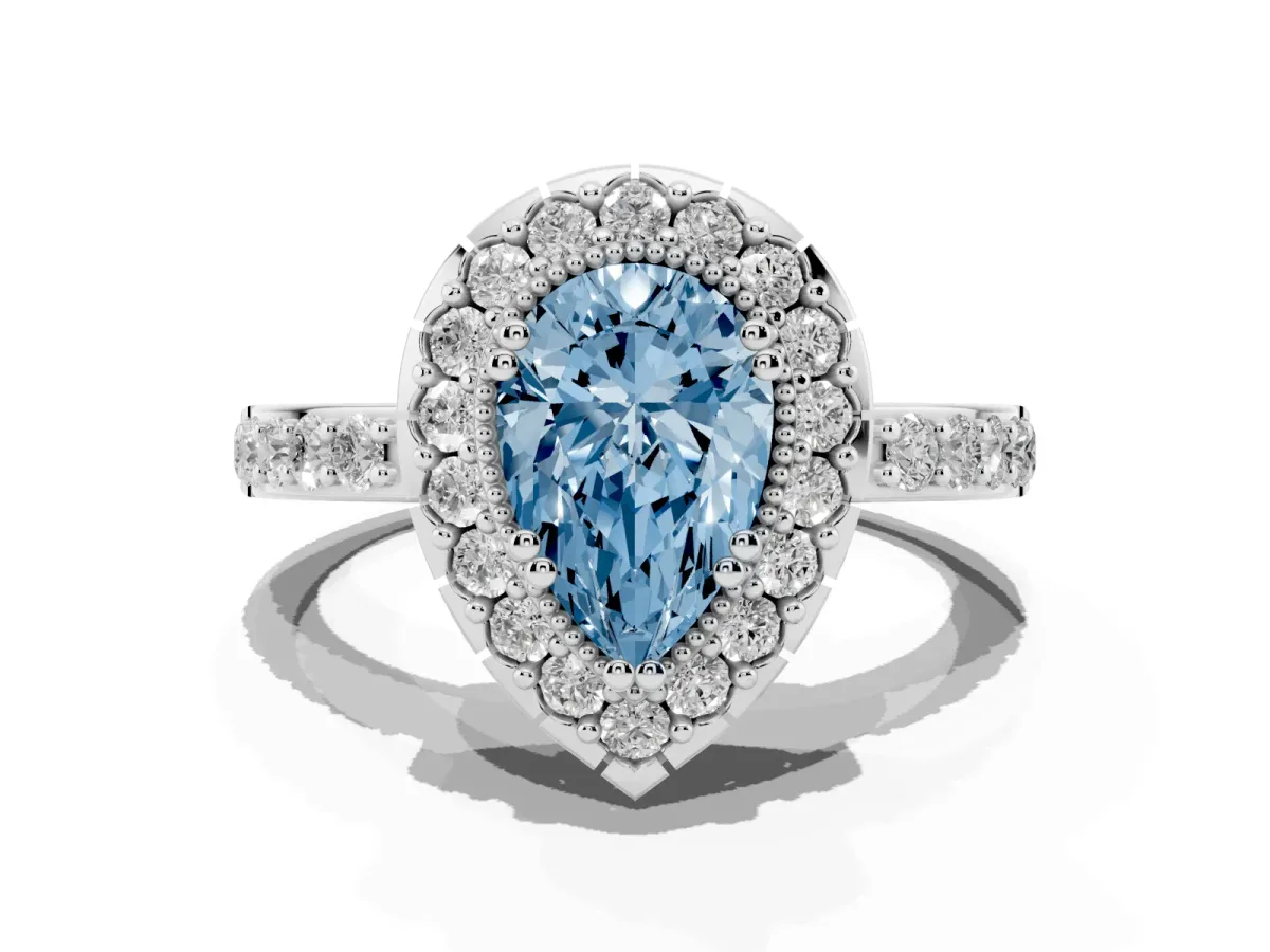 Fancy Blue Pear Cut Diamond Halo Ring with Pavé Band and Prong Setting Platinum