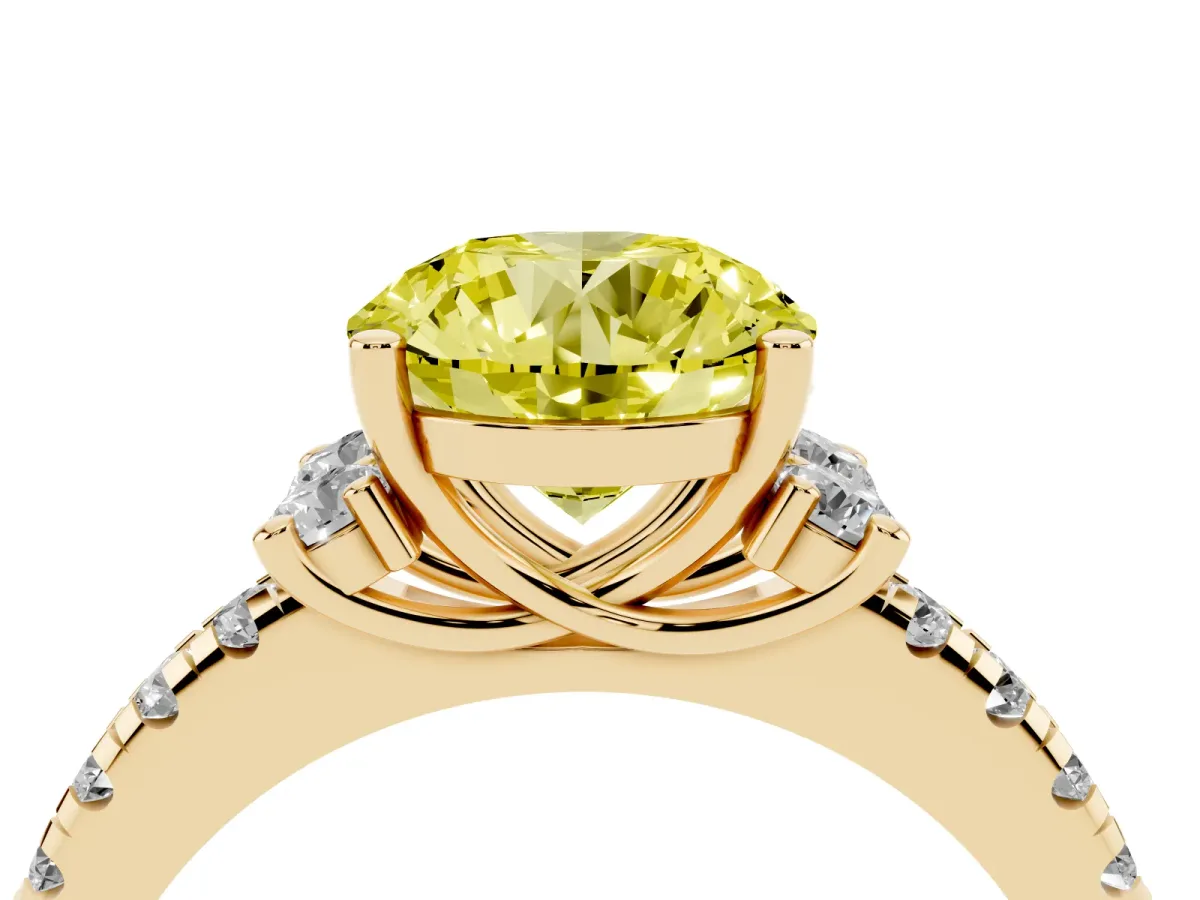 Fancy Yellow Round Cut Diamond Three-Stone Pave Band with Four-Prong Setting Yellow gold
