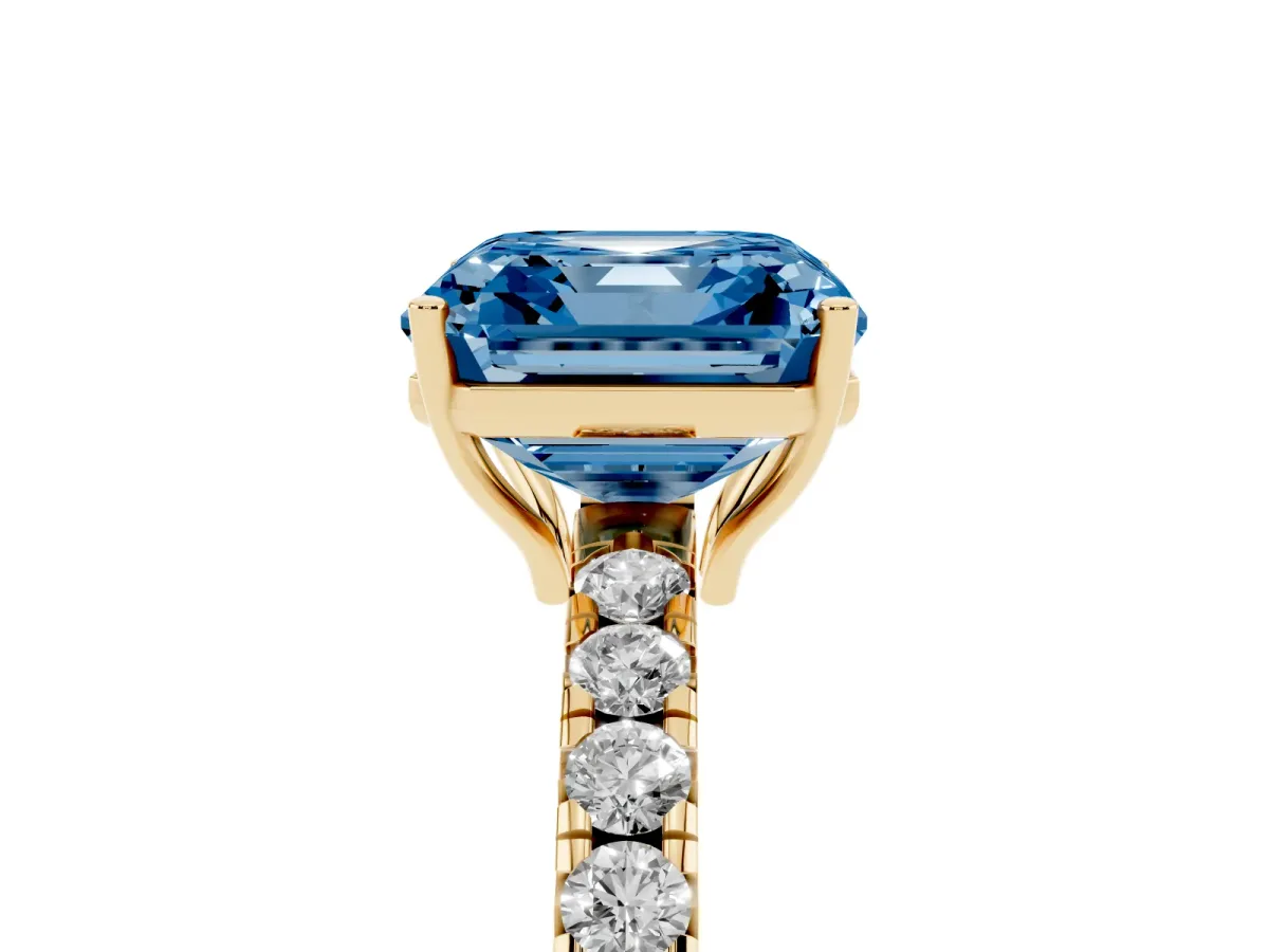 Fancy Blue Asscher Cut Diamond Pavé Solitaire Engagement Ring with Four-Prong Setting Yellow gold