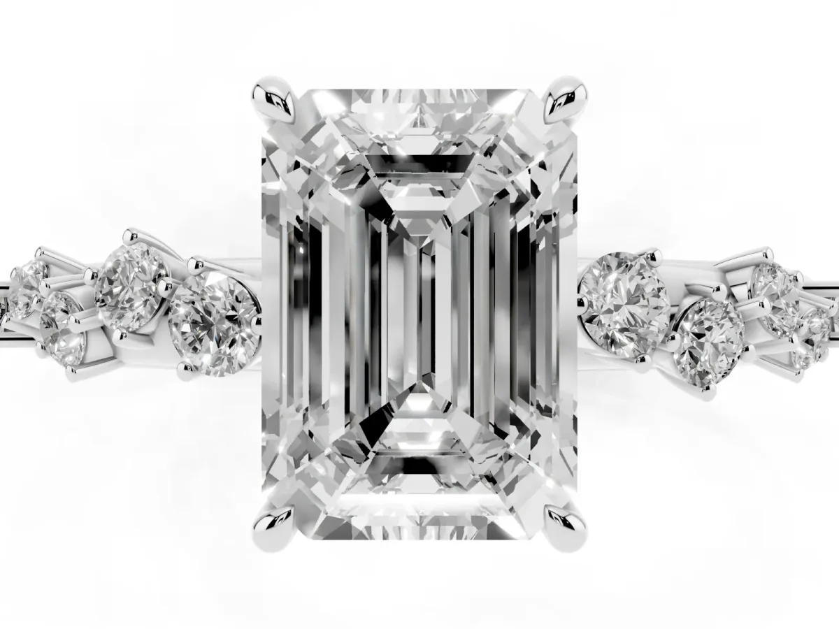 Emerald Cut Diamond Cluster Side Stone Solitaire Ring with Prong Setting Platinum