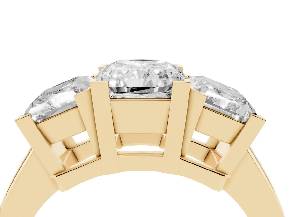 Three-Stone Radiant Cut Cut Diamond Ring with Channel Set Band and Four-Prong Setting Yellow gold