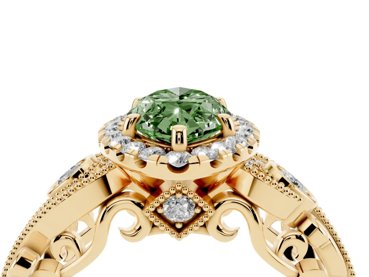Fancy Green Marquise Cut Diamond Halo Ring with Milgrain Pavé Band and Four-Prong Setting Yellow gold