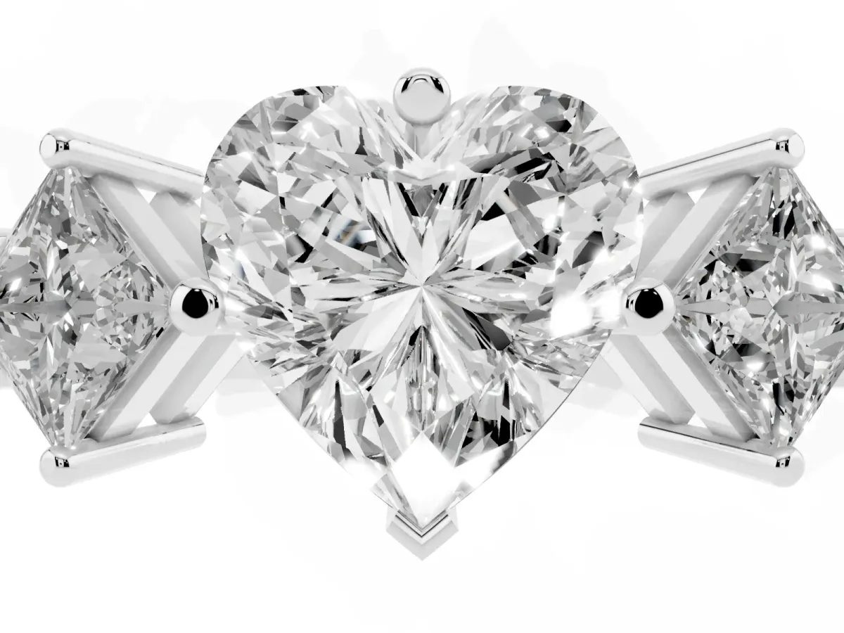 Three-Stone Heart Cut and Princess Cut Diamond Ring with Channel Band and Four-Prong Setting White gold