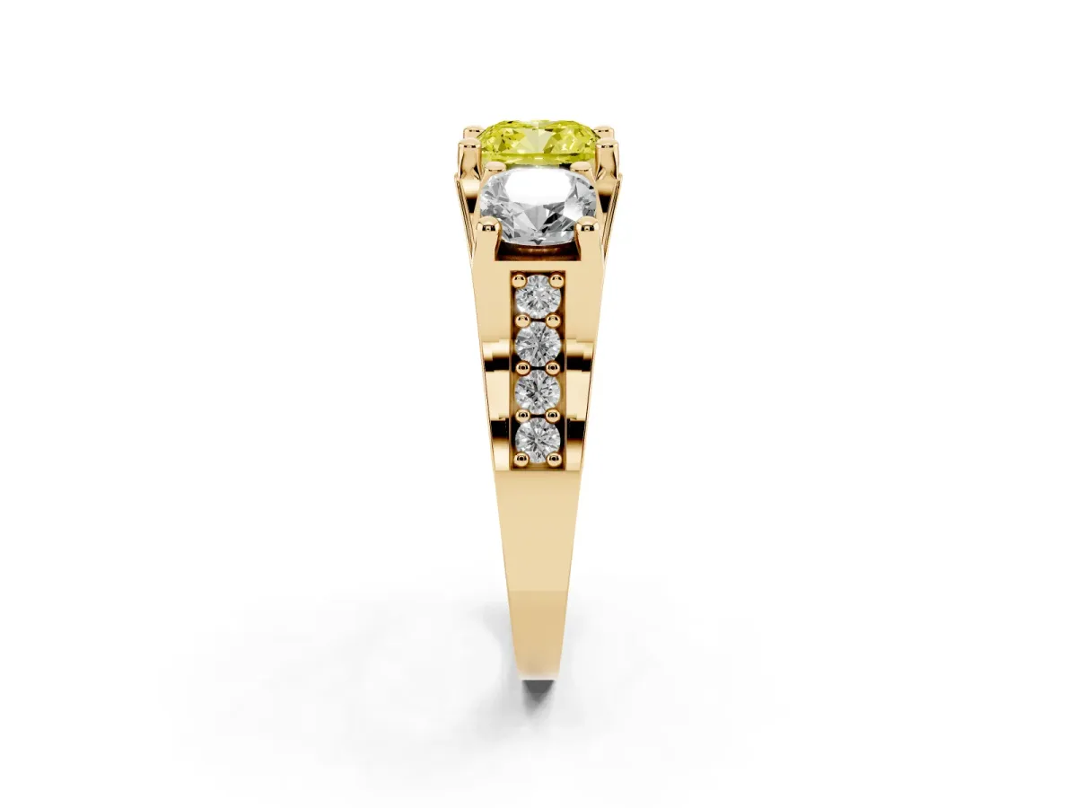 Fancy Yellow Cushion Cut Diamond Three-Stone Ring with Channel Set Band and Four-Prong Setting Yellow gold