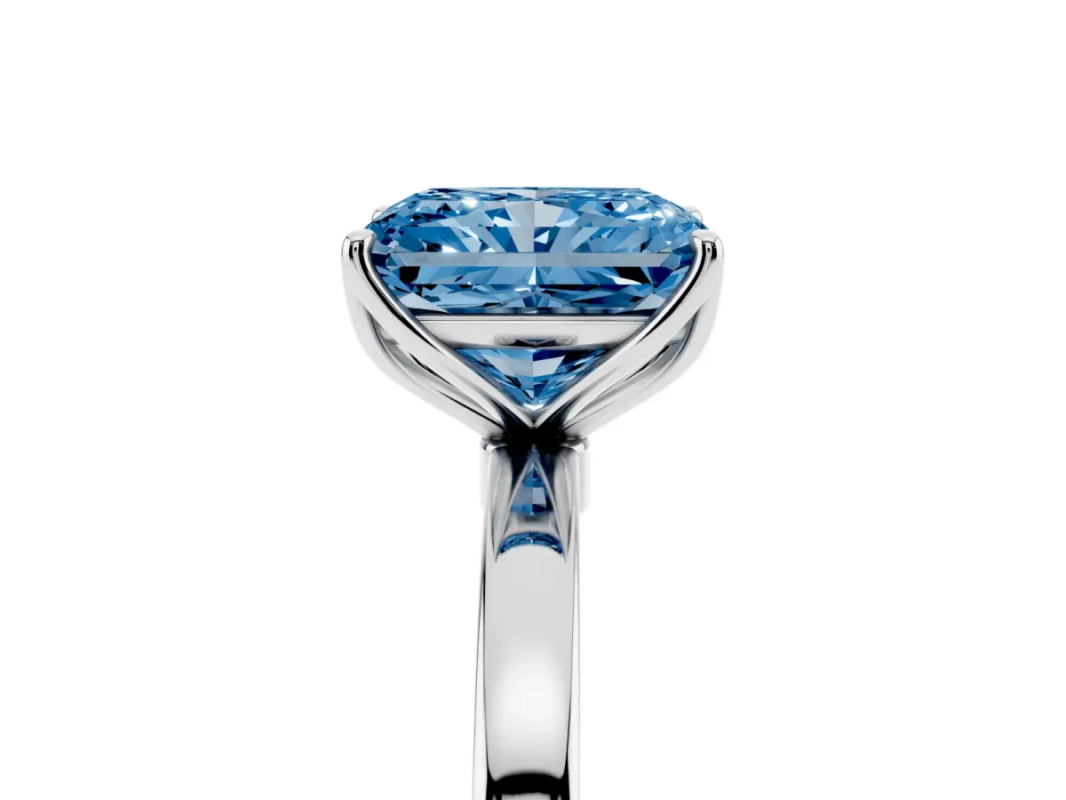 Fancy Blue Radiant Cut Diamond Solitaire Ring with Thin Band and Prong Setting White gold